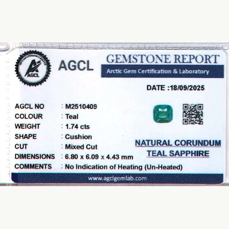 1.74ct unheated bluish green sapphire gemstone from Sri Lanka with excellent clarity and natural brilliance