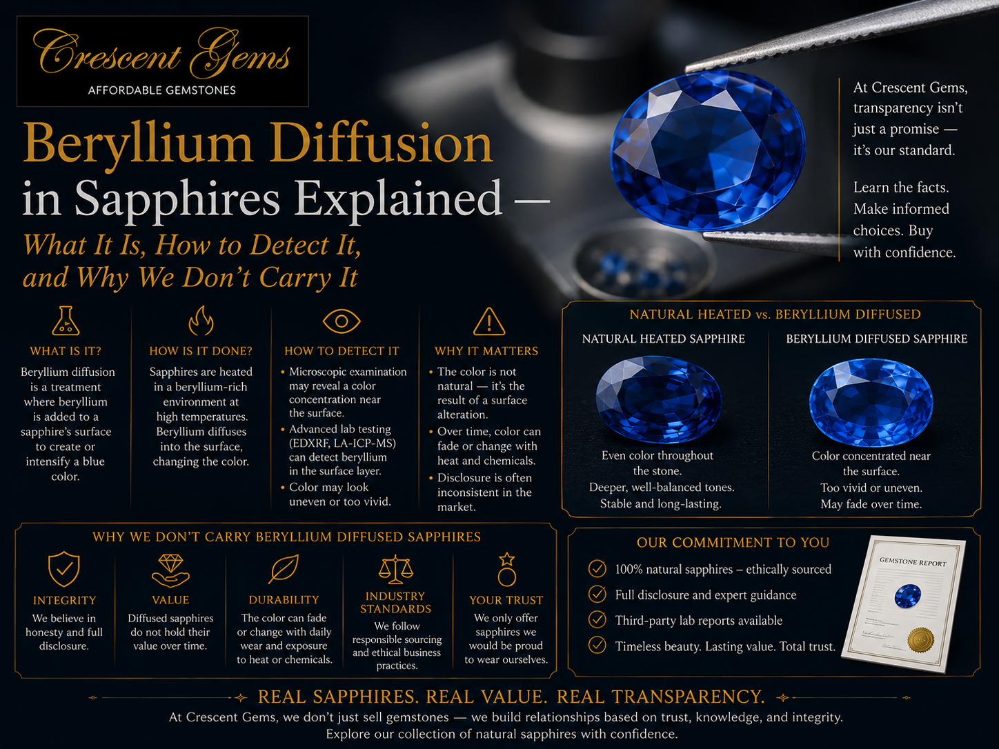 Beryllium Diffusion in Sapphires Explained — What It Is, How to Detect It, and Why We Don’t Carry It