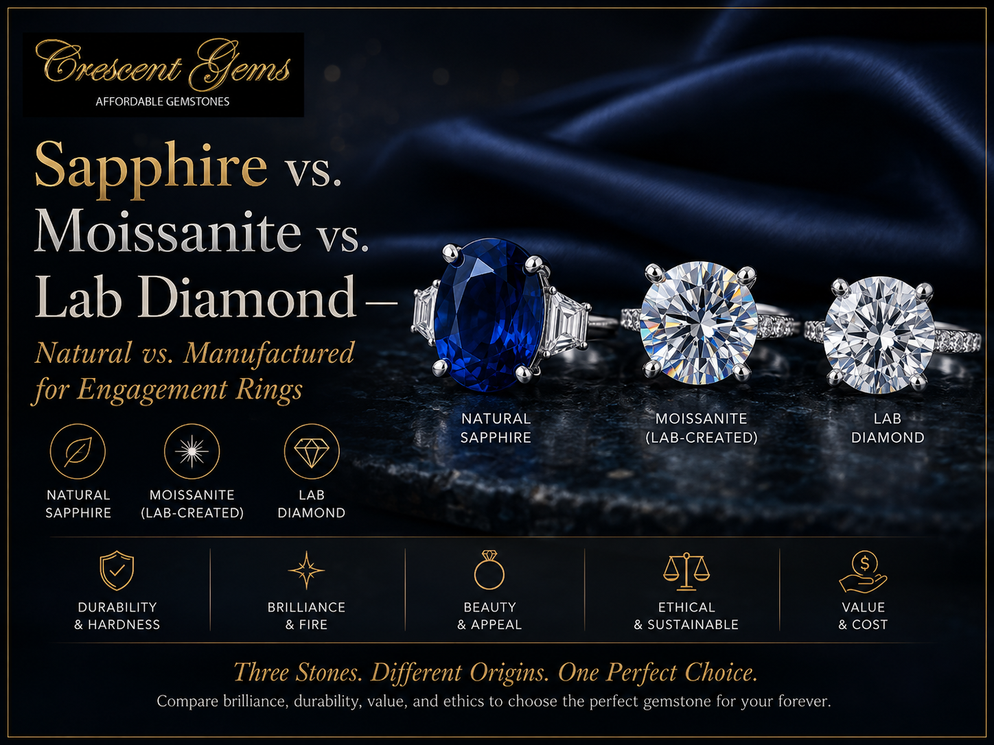 Sapphire vs. Moissanite vs. Lab Diamond — Natural vs. Manufactured for Engagement Rings