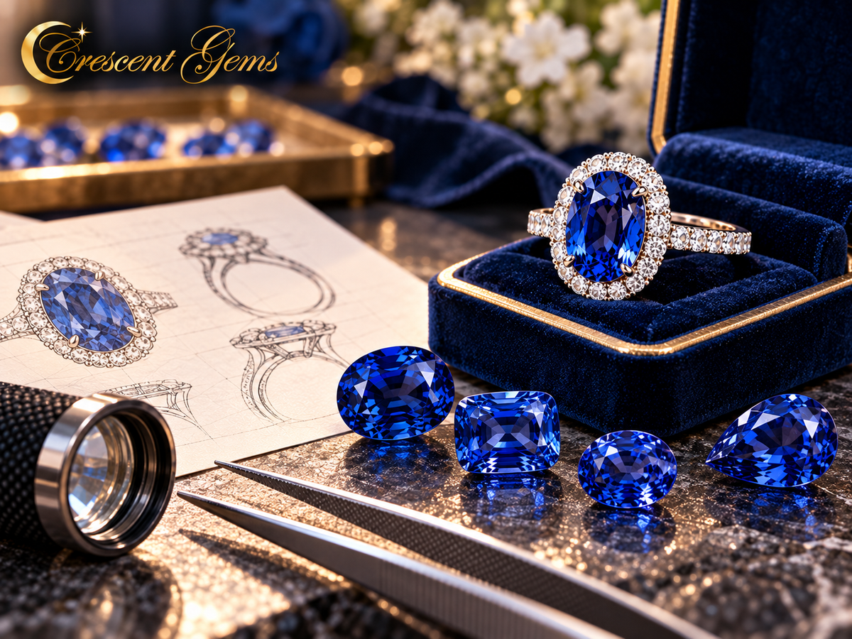 An oval blue sapphire halo engagement ring in a velvet box, beside loose blue sapphires, ring design sketches, tweezers and a loupe.