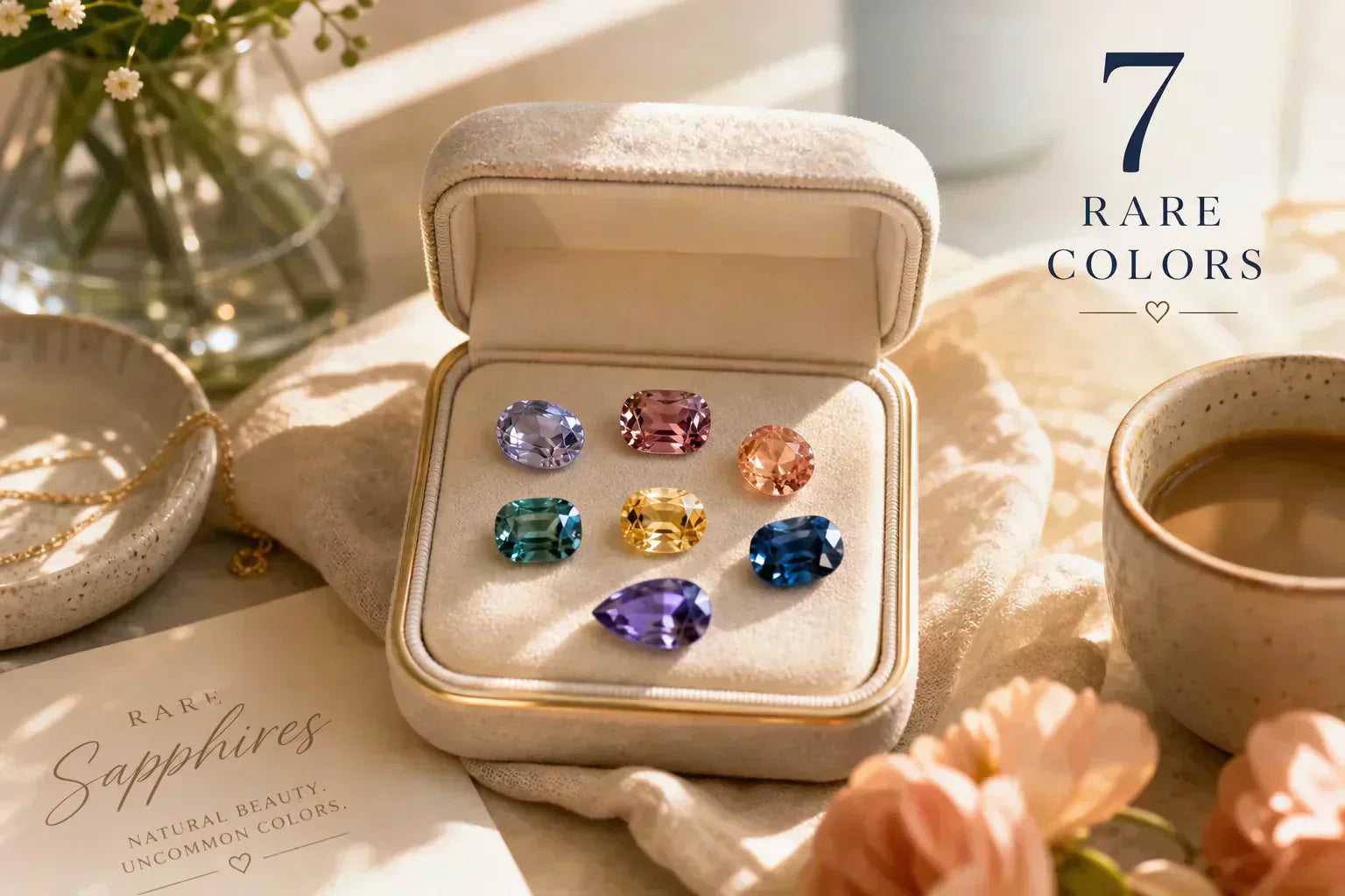 Can I buy sapphires in rare colors through online retailers - assorted sapphires in unique colors displayed in a jewelry box.
