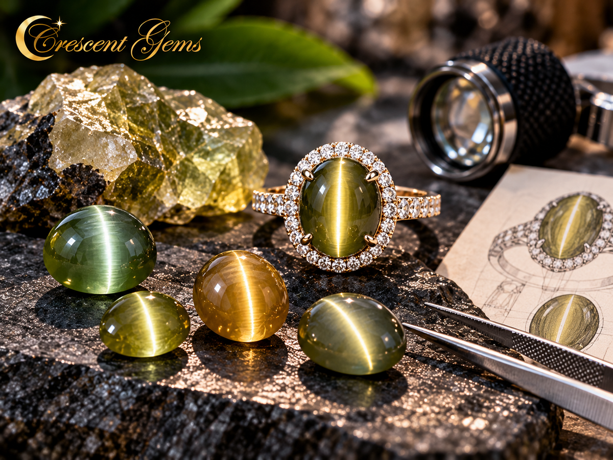 Cat's eye chrysoberyl oval cabochon showing a single sharp chatoyant band across the dome