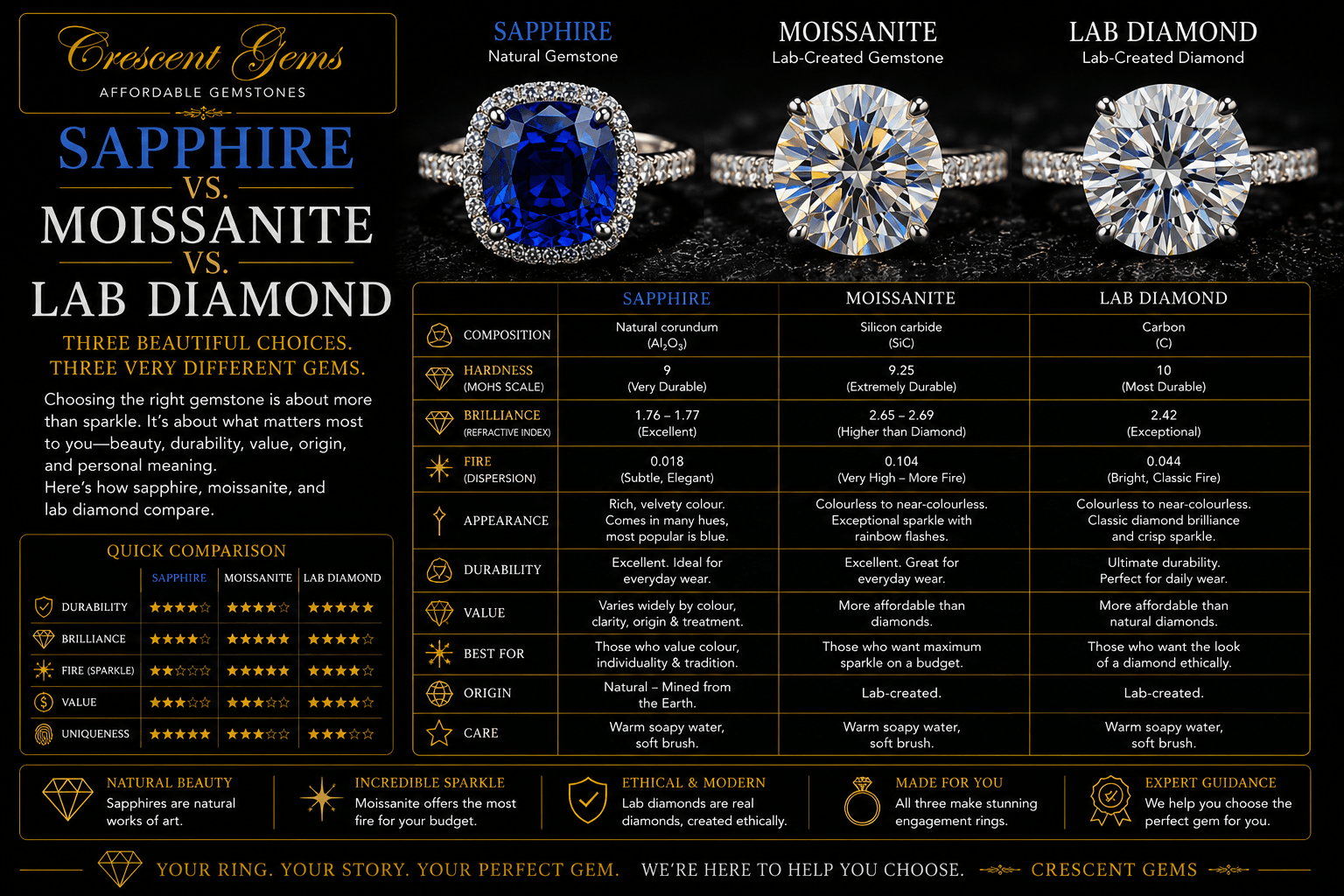 Sapphire vs. Moissanite vs. Lab Diamond