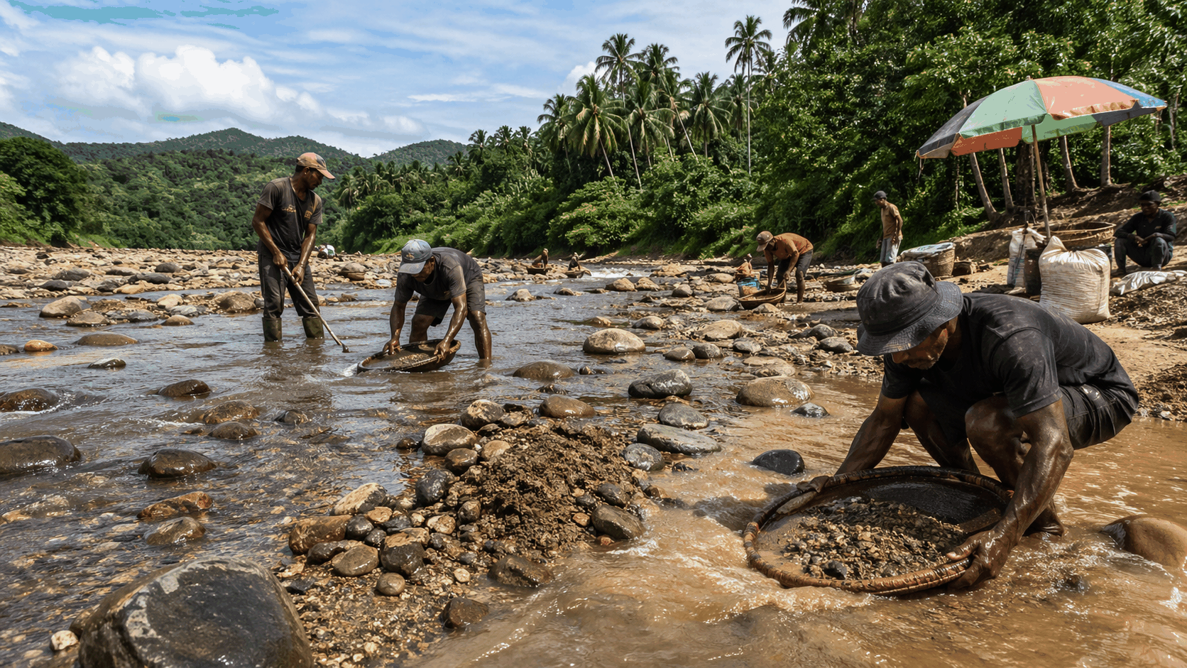Artisan River bed mining in sri lanka riverbed with baskets and tools