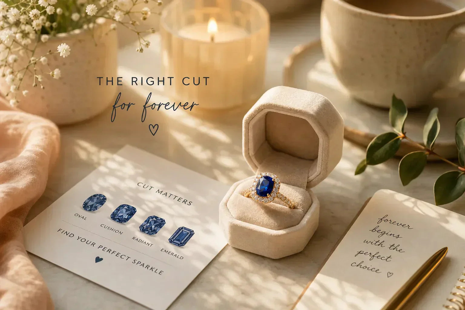 Sapphire cut for engagement rings displayed in a ring box with elegant accessories and lighting.