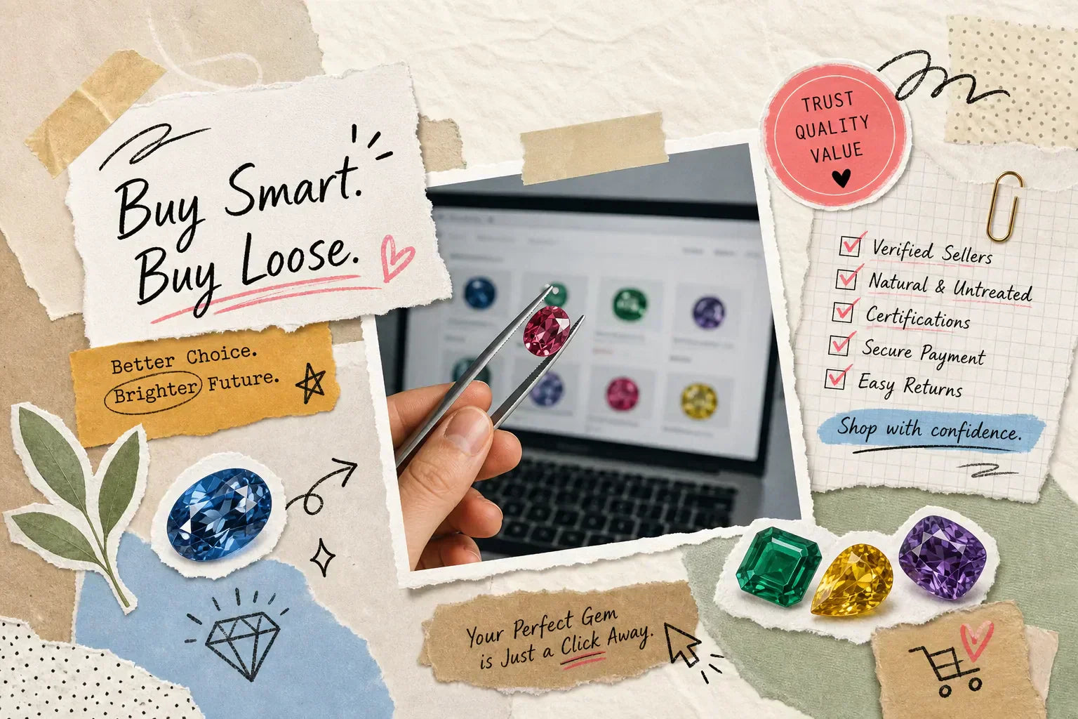 A hand holding a gemstone next to a laptop displaying options to buy loose gemstones online.