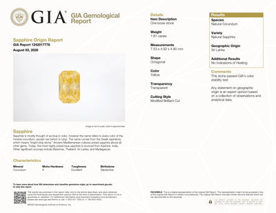 GIA Report #1242017778 for 1.81 ct Yellow Sapphire, Radiant Cut, unheated, Sri Lanka (Ceylon) origin