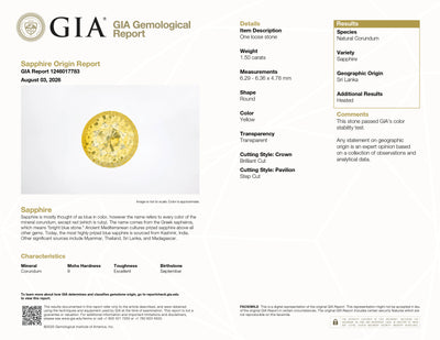 GIA Report #1246017783 for 1.50 ct Yellow Sapphire, round cut, heated, Sri Lanka (Ceylon) origin