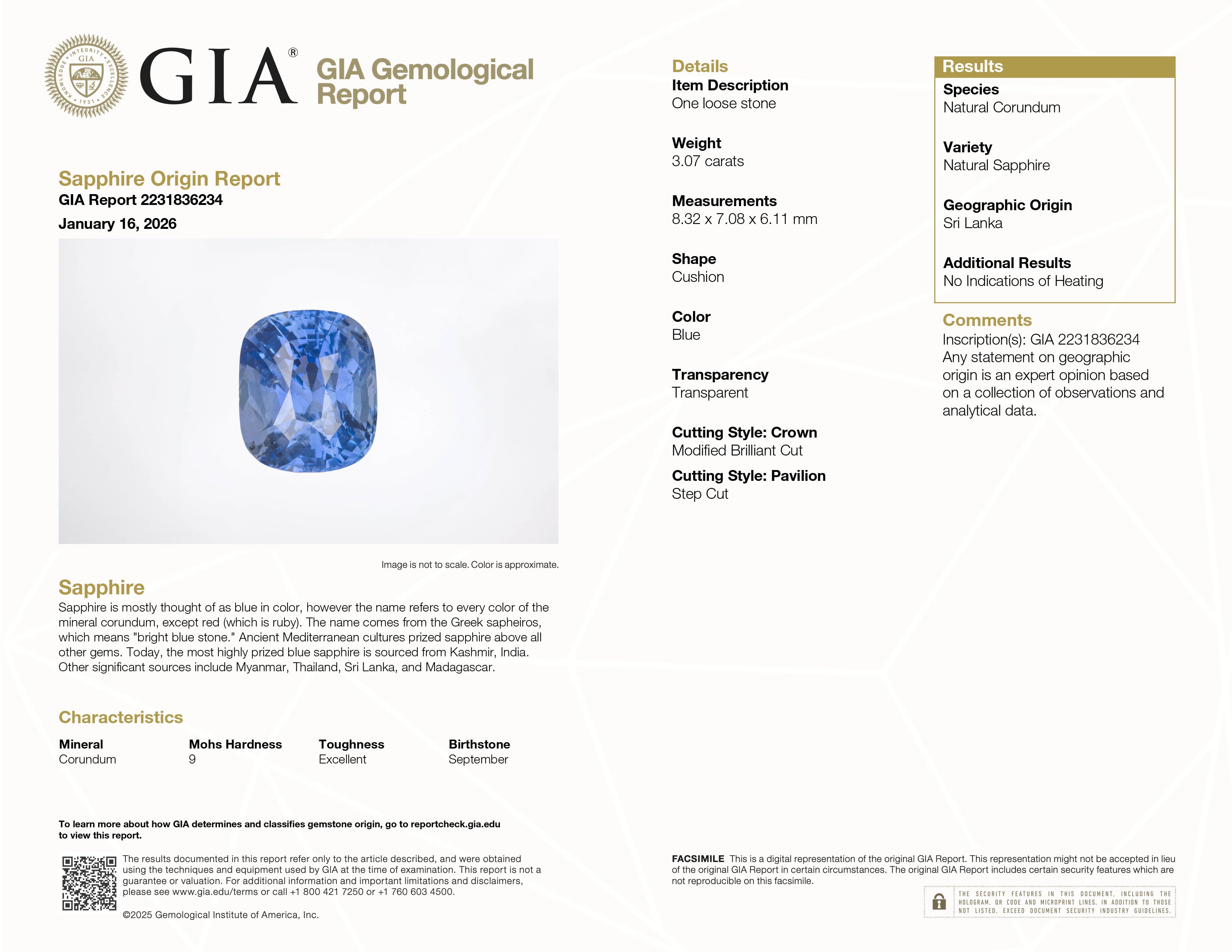 GIA Gemological Report for a sapphire with detailed specifications.