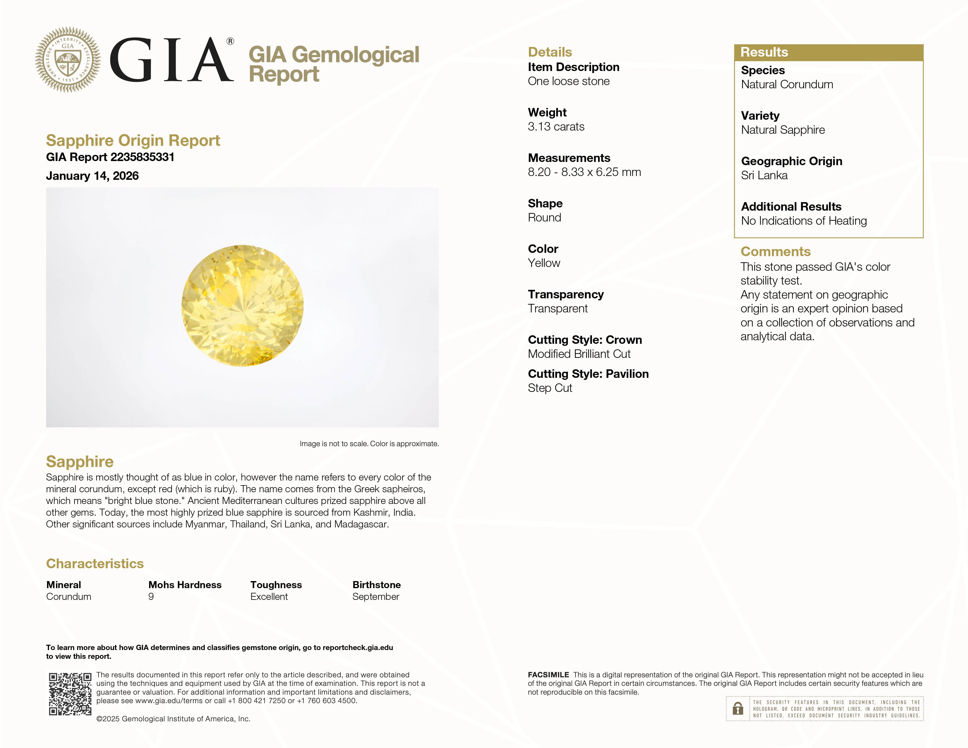 3.13 ct Yellow Sapphire ~ unheated