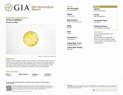 3.13 ct unheated yellow sapphire gemstone with round brilliant cut and natural golden hue