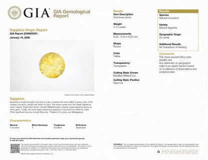 3.13 ct Yellow Sapphire ~ unheated