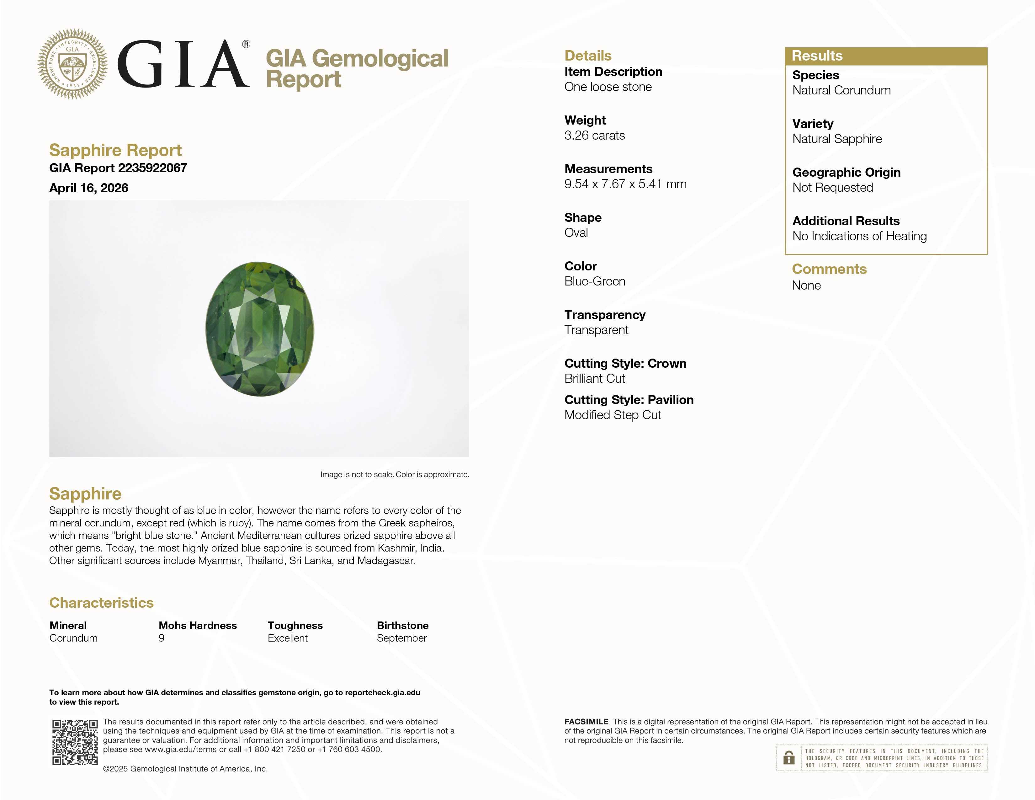 3.26 ct olive green sapphire gemstone with excellent clarity and brilliance