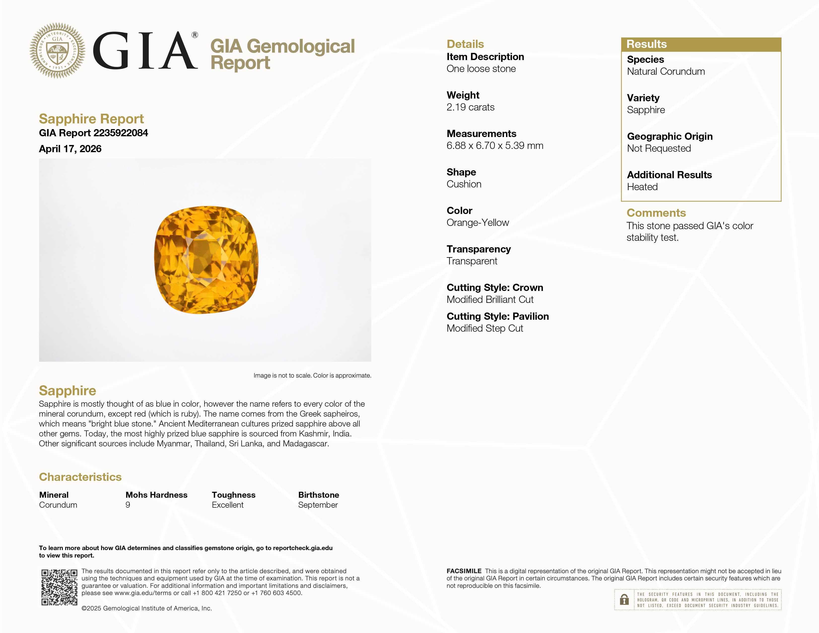 2.19 ct natural orange sapphire gemstone with vibrant golden-orange hue and brilliant clarity