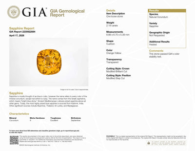 2.19 ct natural orange sapphire gemstone with vibrant golden-orange hue and brilliant clarity