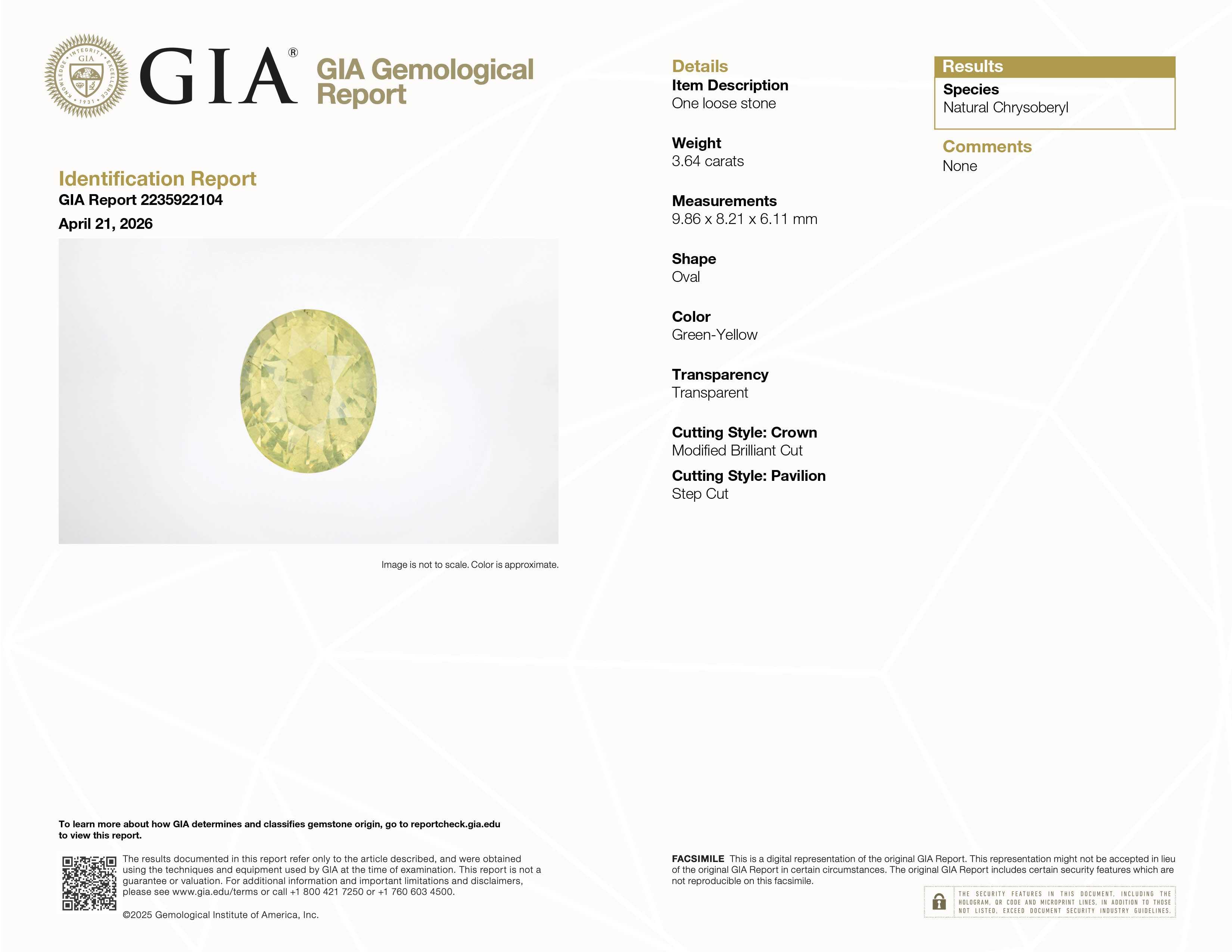 3.64ct rare natural Chrysoberyl gemstone with brilliant yellow-green color for fine jewelry collectors