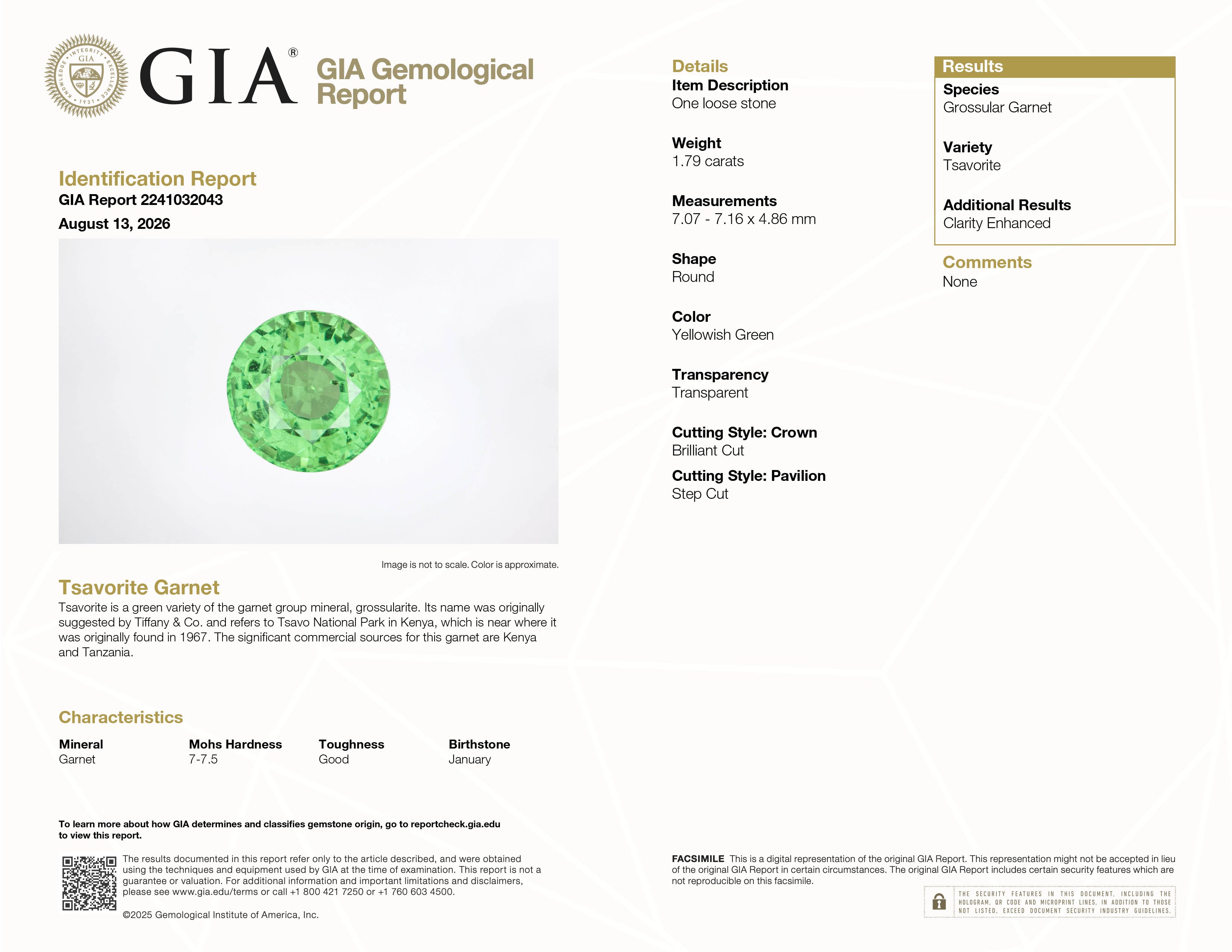 1.79 ct Round Tsavorite Garnet from Kenya, GIA Report #2241032043, close-up facet detail.
