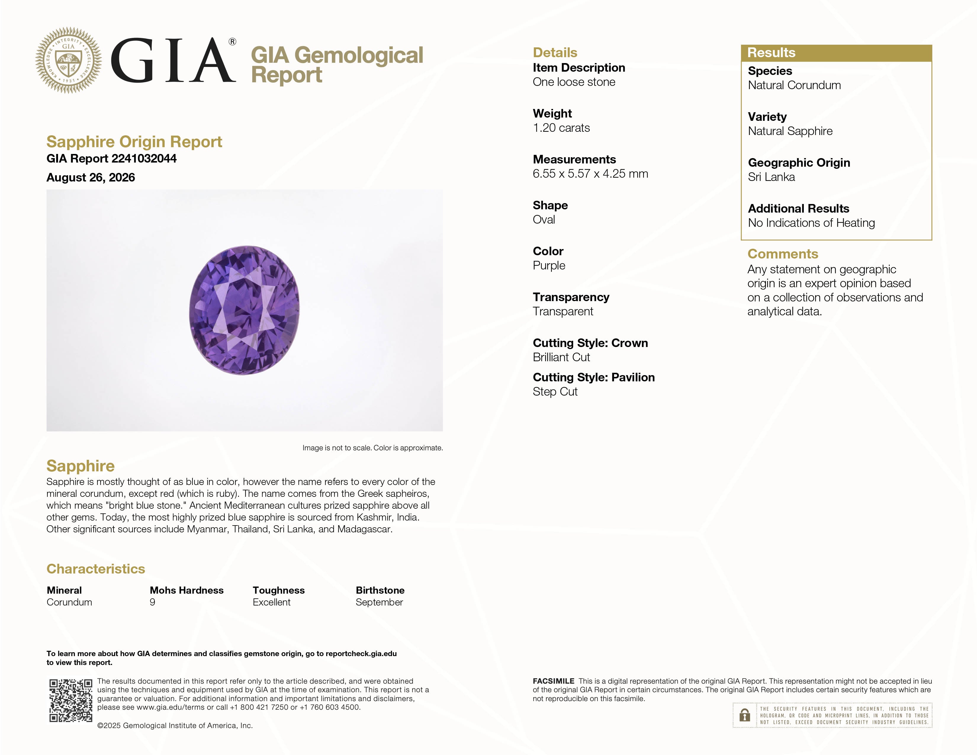 1.20 ct unheated Oval Purple Sapphire, GIA Report #2241032044