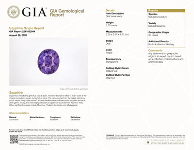 1.20 ct unheated Oval Purple Sapphire, GIA Report #2241032044