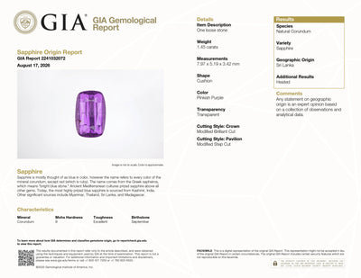 1.45 ct Cushion Purple Sapphire from Sri Lanka, GIA Report #2241032072, close-up facet detail.