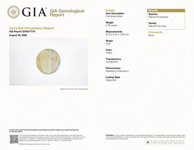 GIA Report #2243017776 for 2.36 ct Cat's Eye Chrysoberyl, oval cabochon cut, untreated