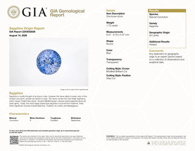 1.75 ct Natural Heat-Treated Blue Sapphire – Round Cut | GIA Certified | Sri Lanka (Ceylon)