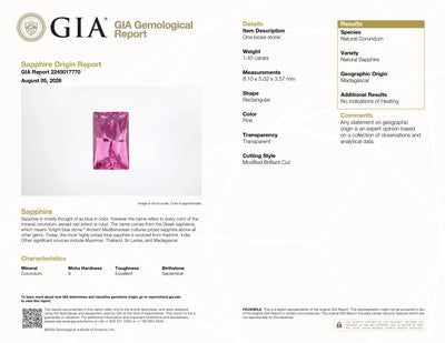 GIA Report #2245017770 for 1.45 ct Pink Sapphire, Radiant Cut, unheated, Madagascar origin