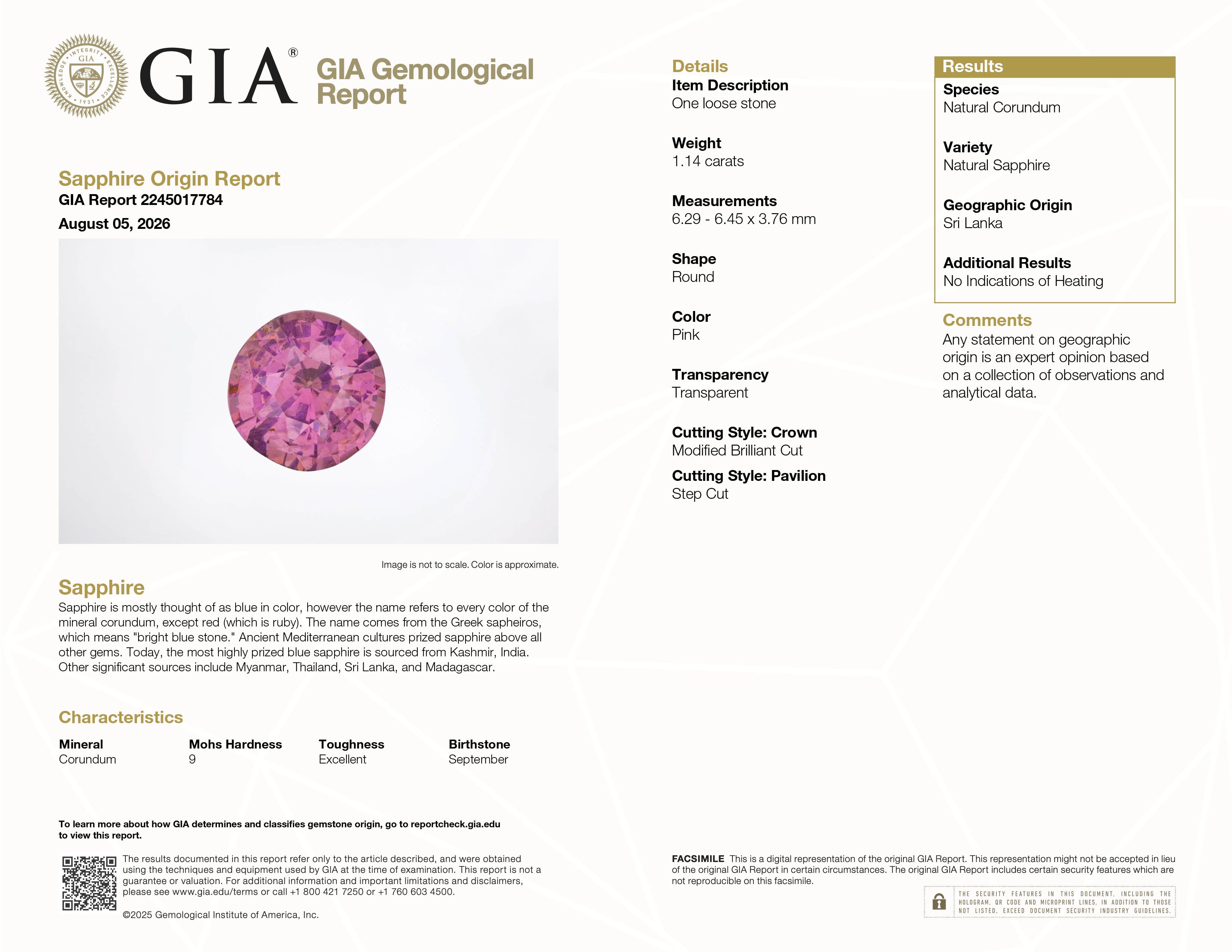 GIA Report #2245017784 for 1.14 ct Pink Sapphire, round cut, unheated, Sri Lanka (Ceylon) origin