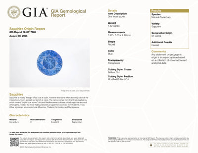 GIA Report #2245017785 for 1.62 ct Blue Sapphire, round cut, heated, Sri Lanka (Ceylon) origin