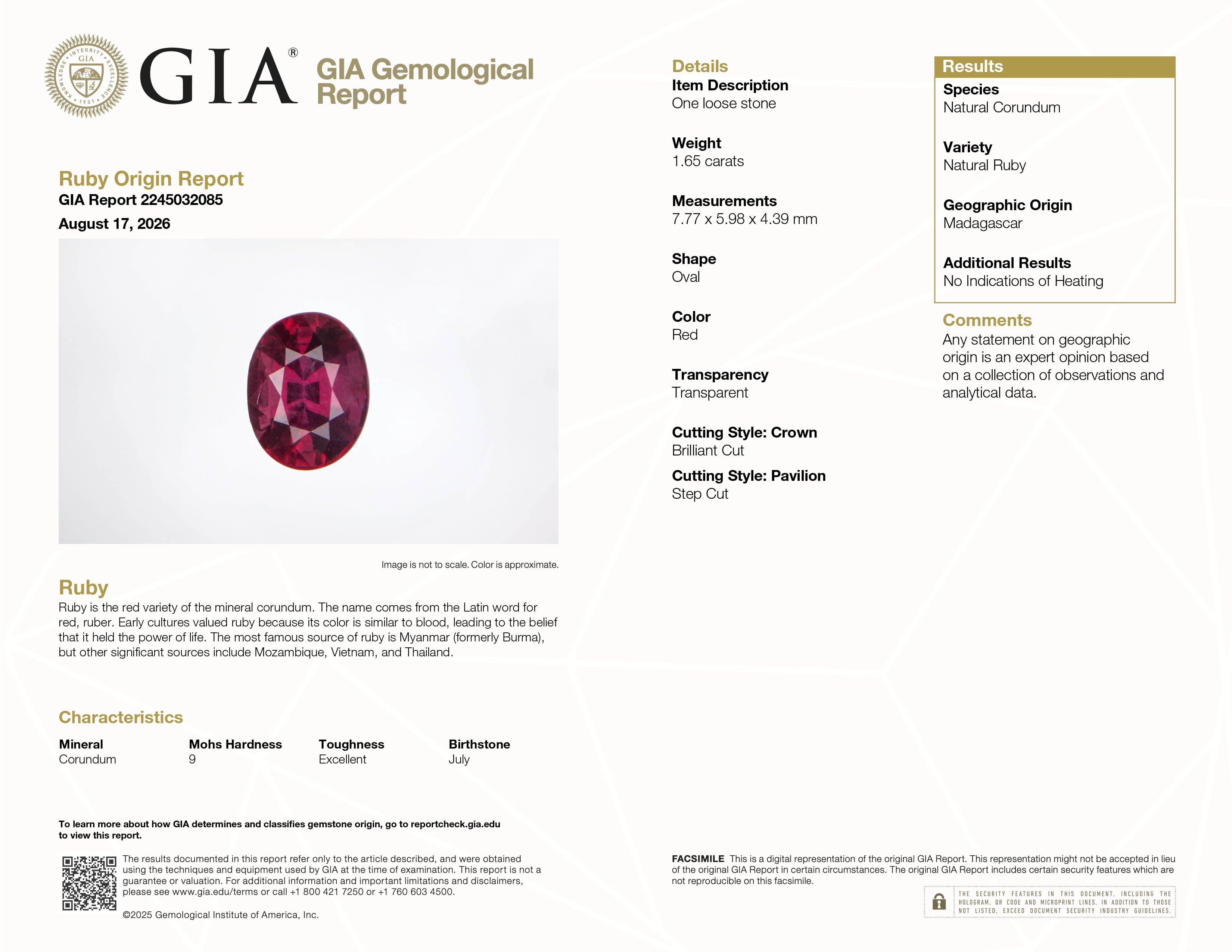 1.65 ct unheated Oval Ruby, GIA Report #2245032085