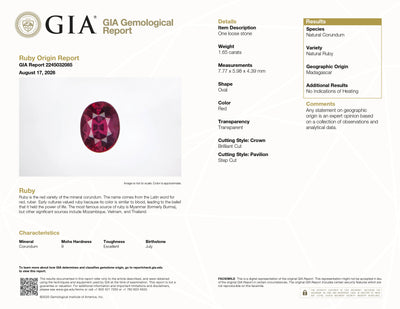 1.65 ct unheated Oval Ruby, GIA Report #2245032085