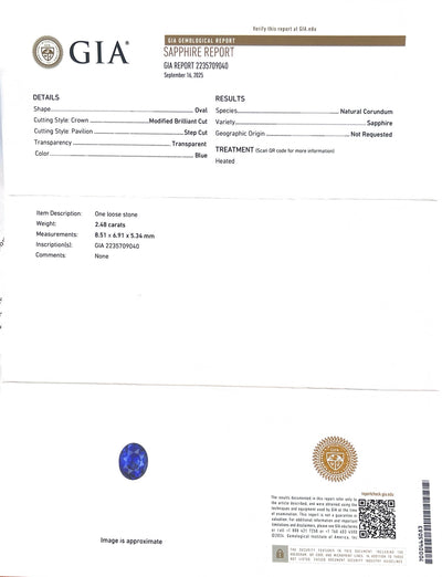 2.48 ct Blue Sapphire ~ GIA
