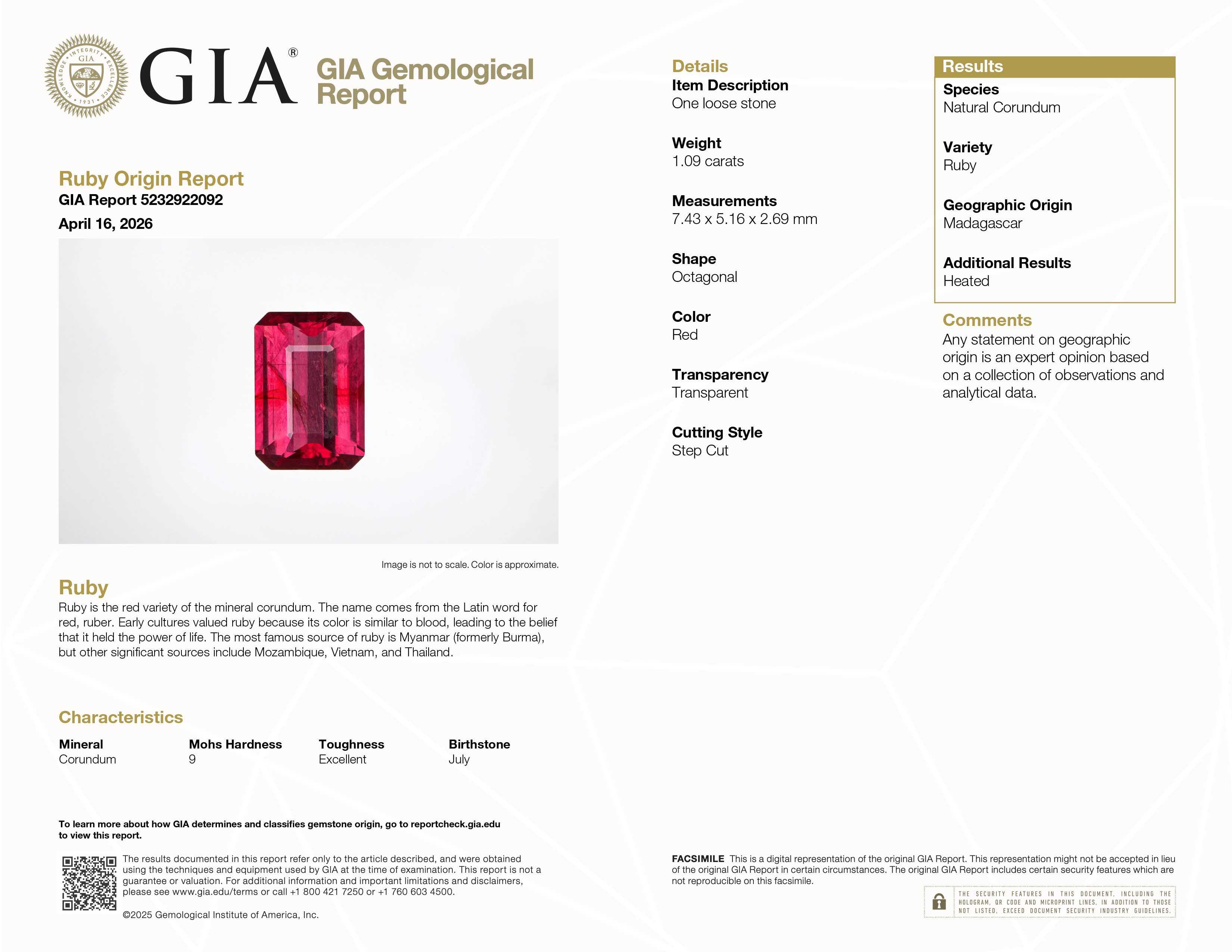 1.09 carat deep red ruby gemstone with excellent clarity and brilliance for custom jewelry