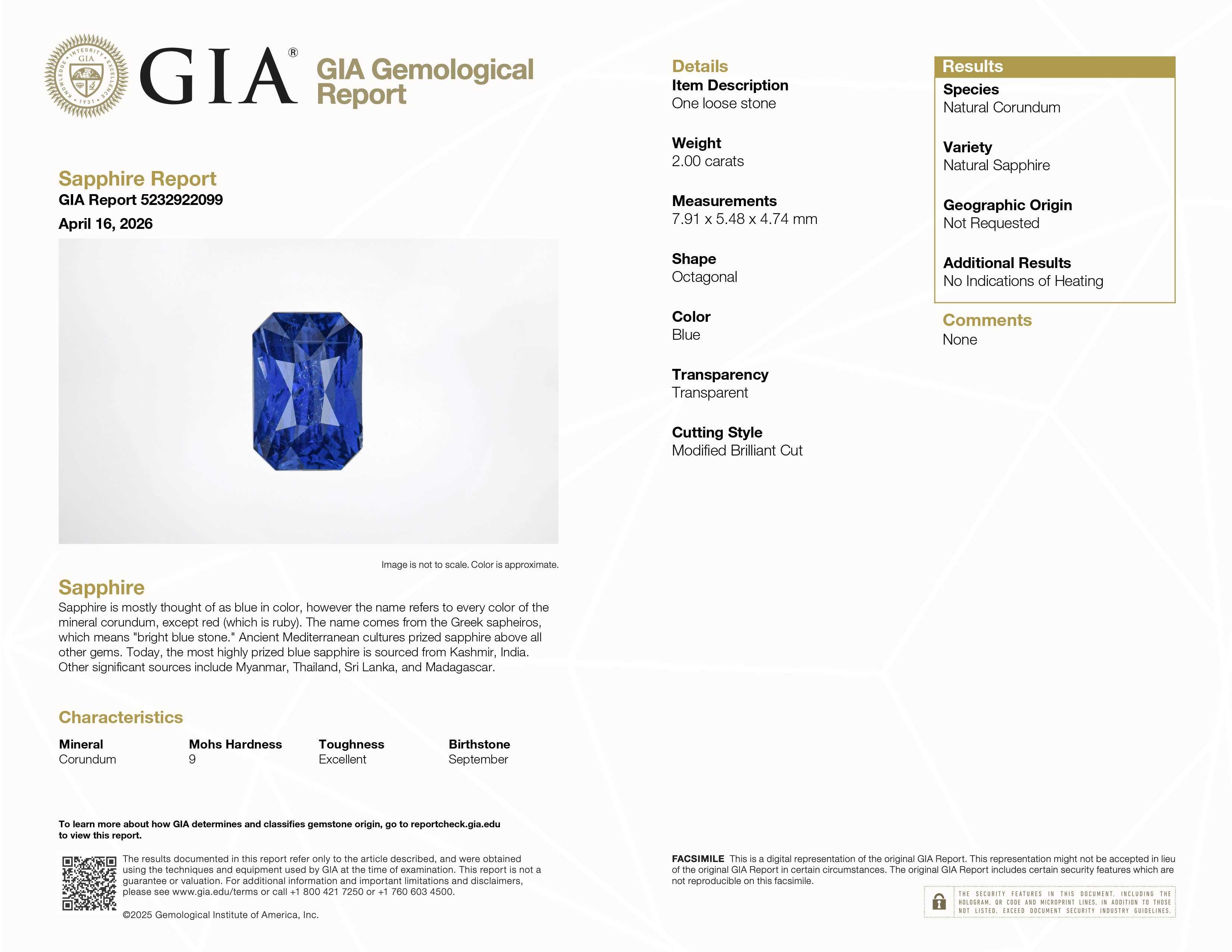 2.008 ct unheated natural blue sapphire gemstone with deep blue hue and excellent clarity