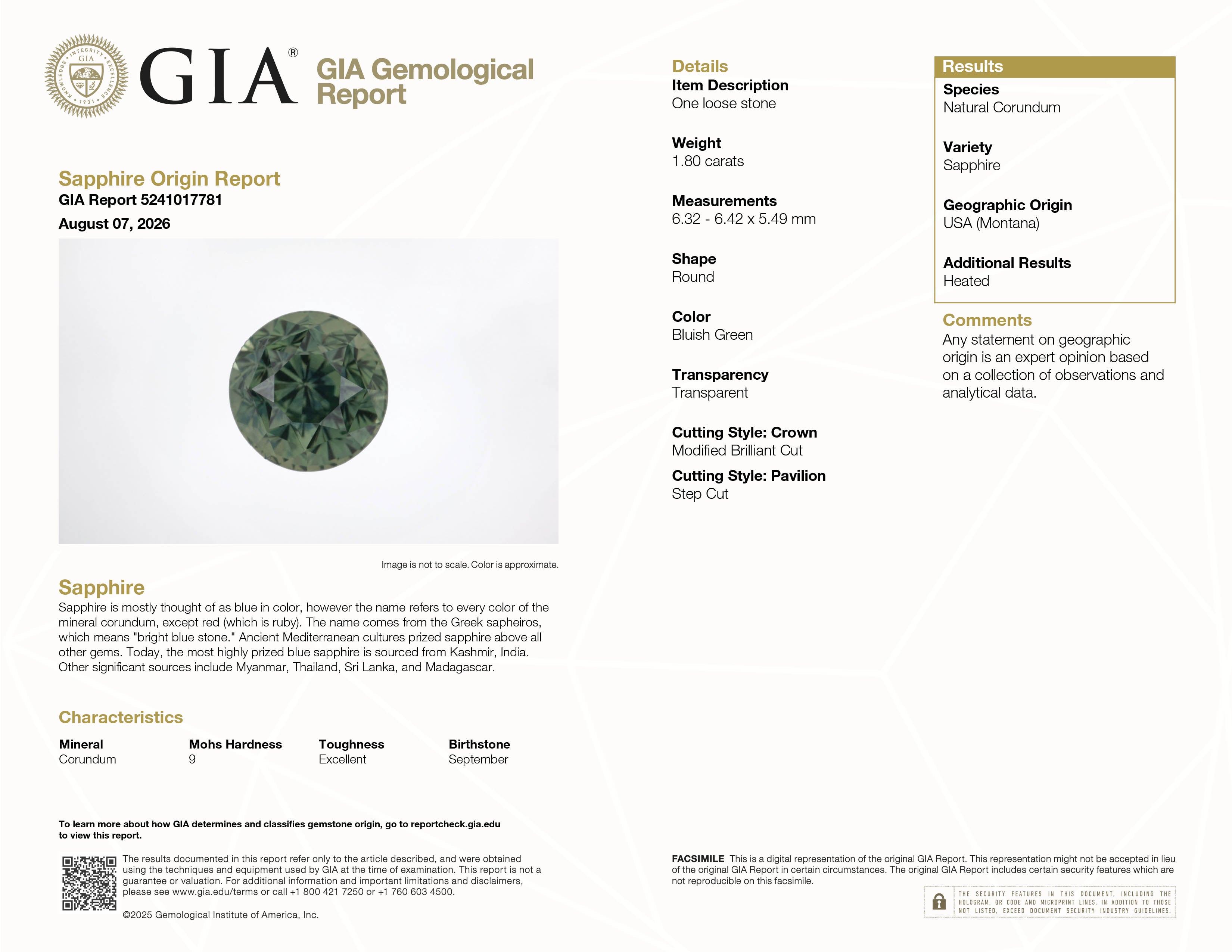 GIA Report #5241017781 for 1.80 ct Round Teal Sapphire, heat treated, USA (Montana) origin
