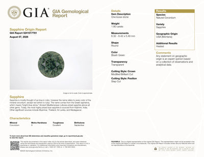 GIA Report #5241017781 for 1.80 ct Round Teal Sapphire, heat treated, USA (Montana) origin
