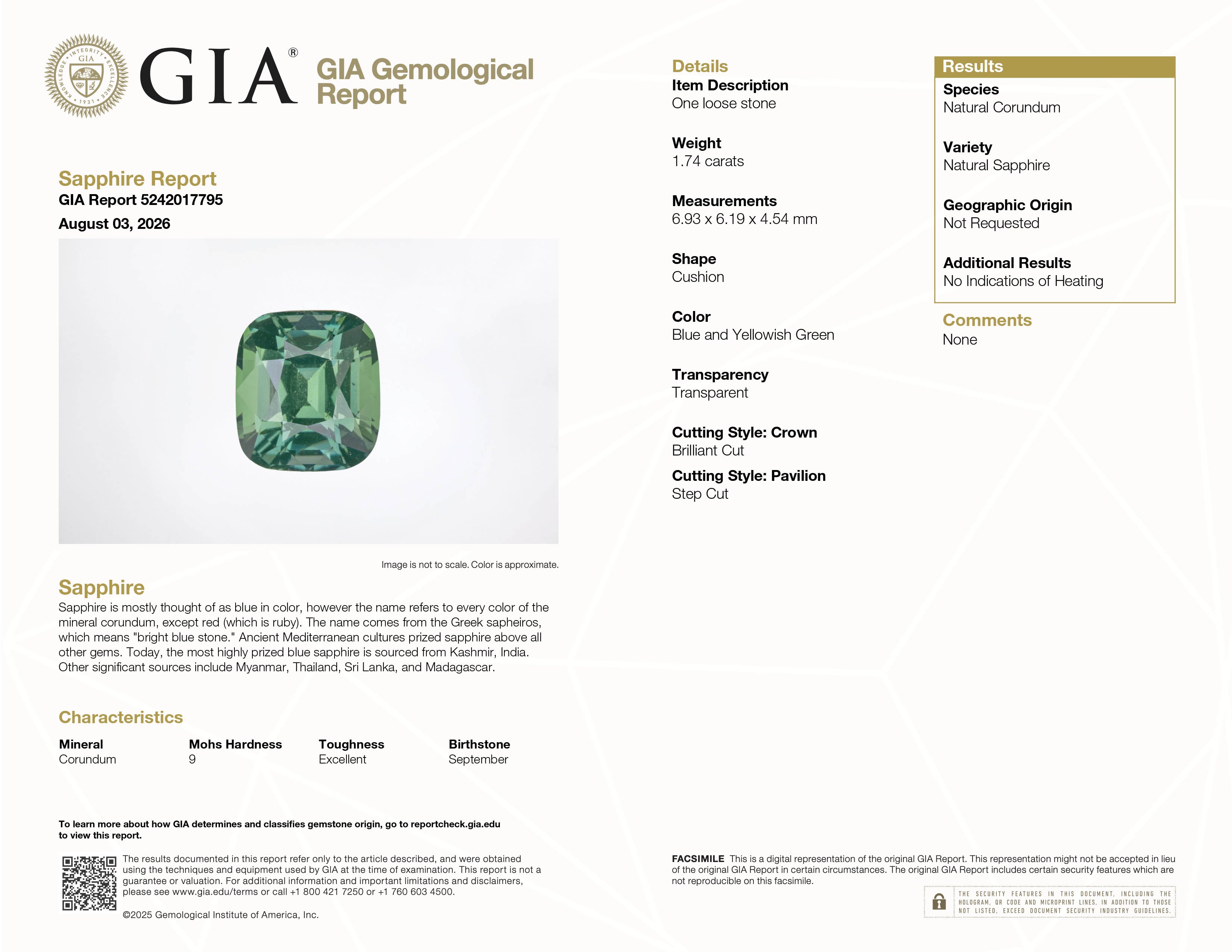 GIA Report #5242017795 for 1.74 ct Bluish-Green Sapphire, cushion cut, unheated