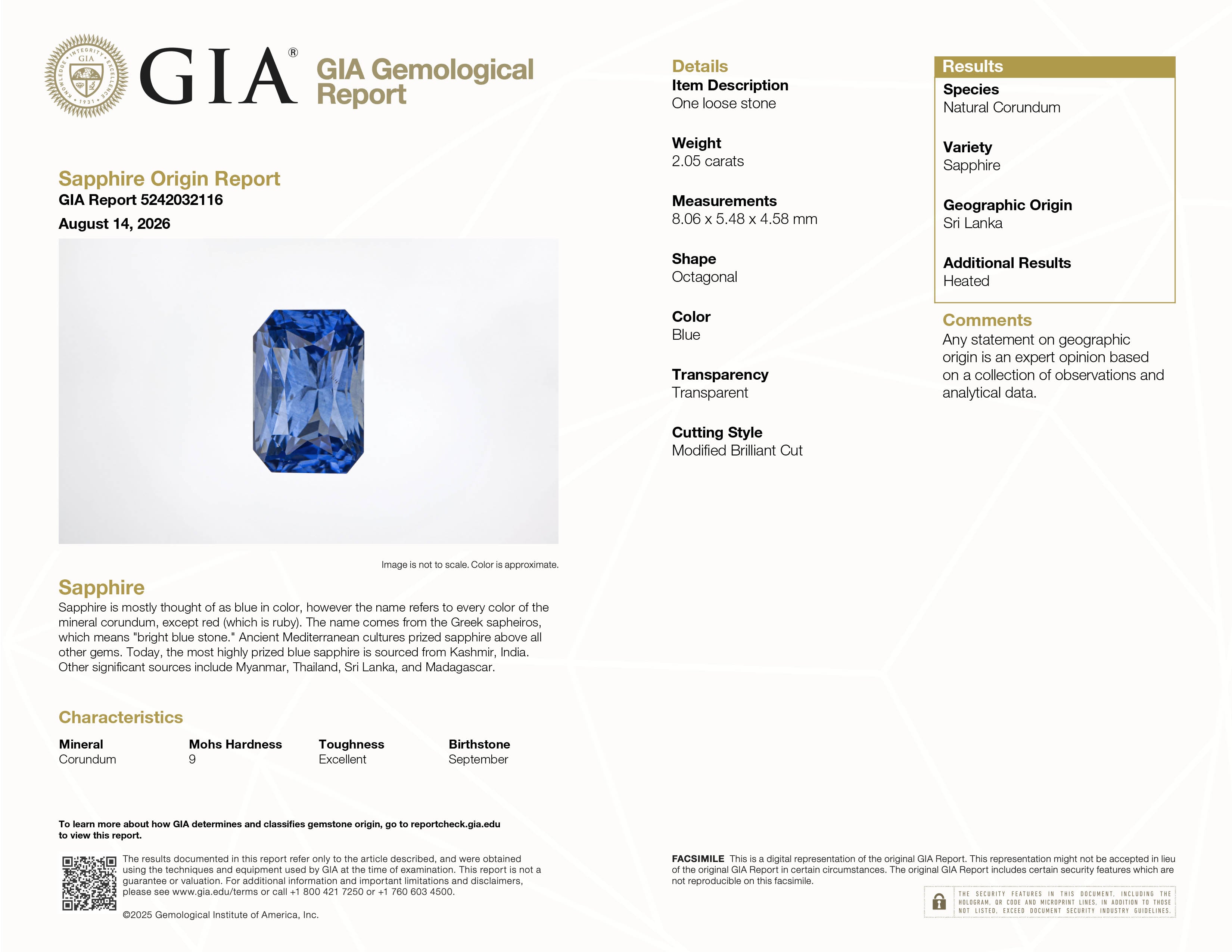 2.05 ct heated blue Ceylon sapphire, radiant cut, GIA certified