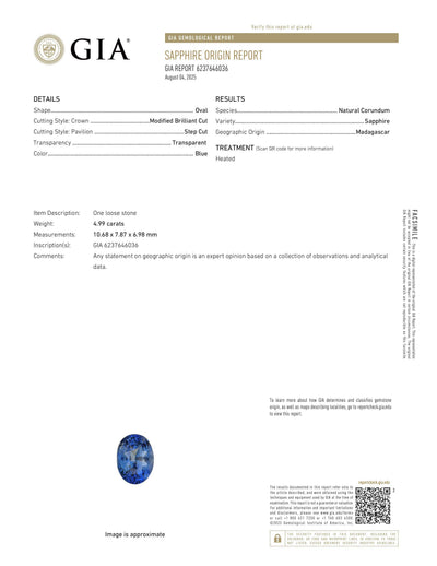 4.99 ct bi-color sapphire with distinctive white color band and excellent clarity, certified by GIA
