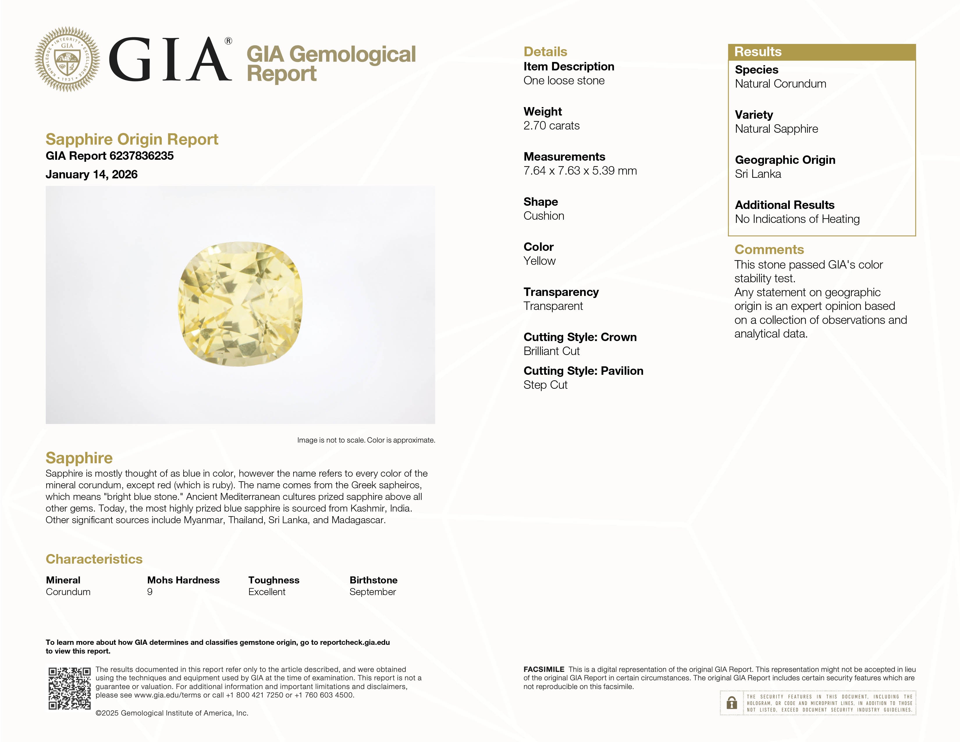 2.70 Ct Yellow Sapphire ~ Unheated