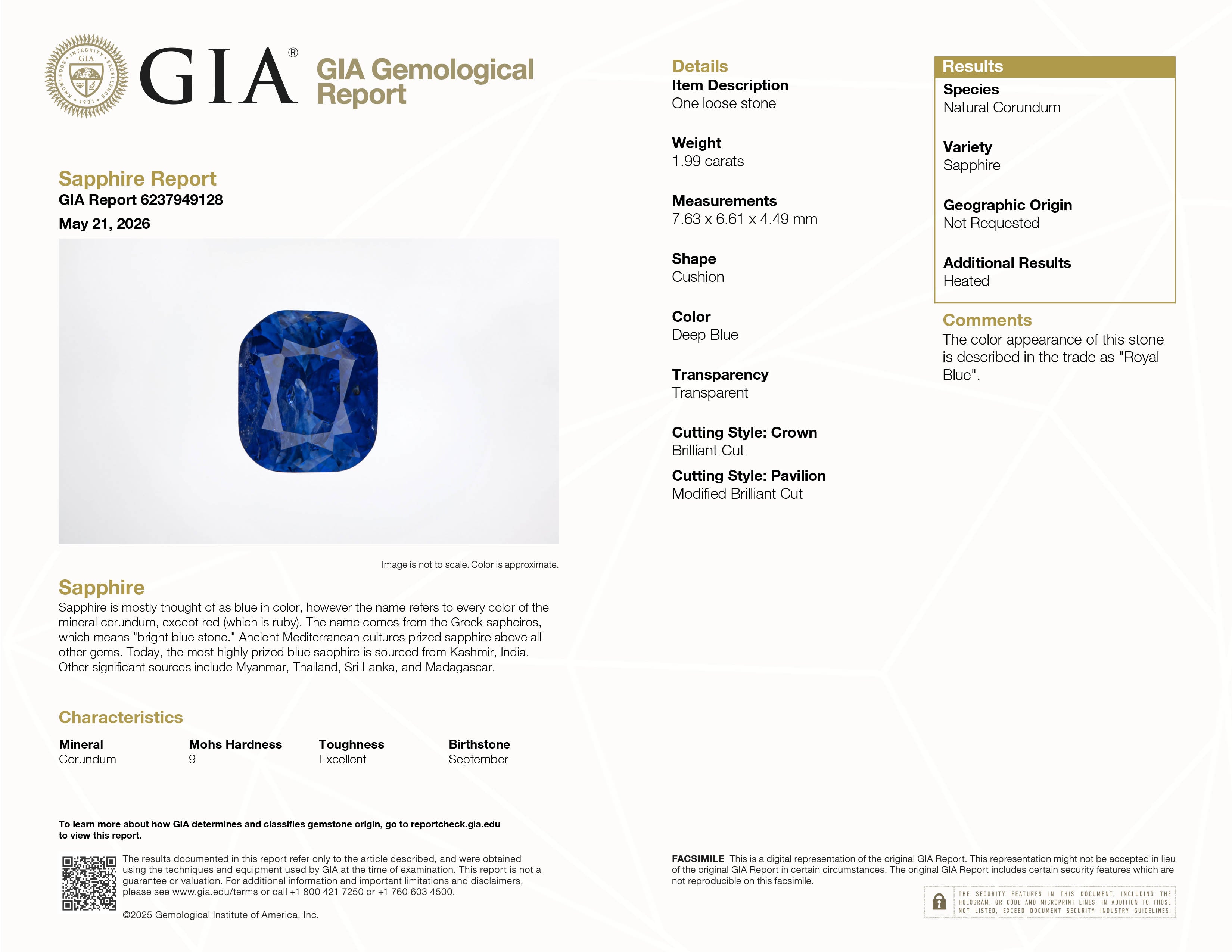 GIA lab report 1.99 ct Square cushion Blue Sapphire gemstone — natural Ceylon origin, heat-treated