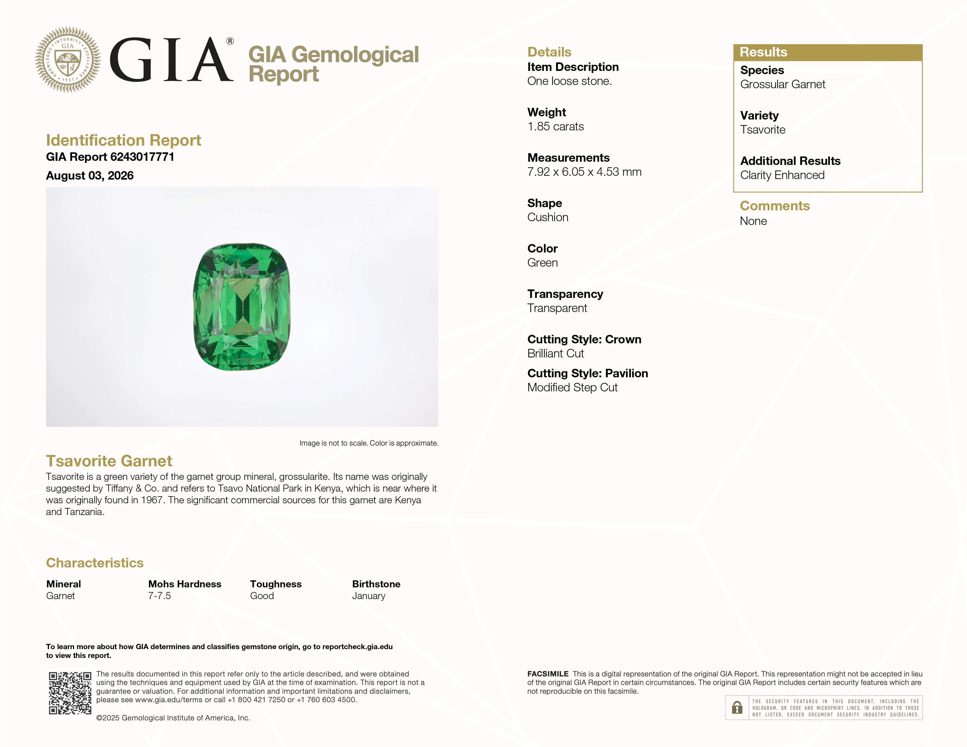 GIA Report #6243017771 for 1.85 ct Tsavorite Garnet, rectangular cushion cut, clarity enhanced