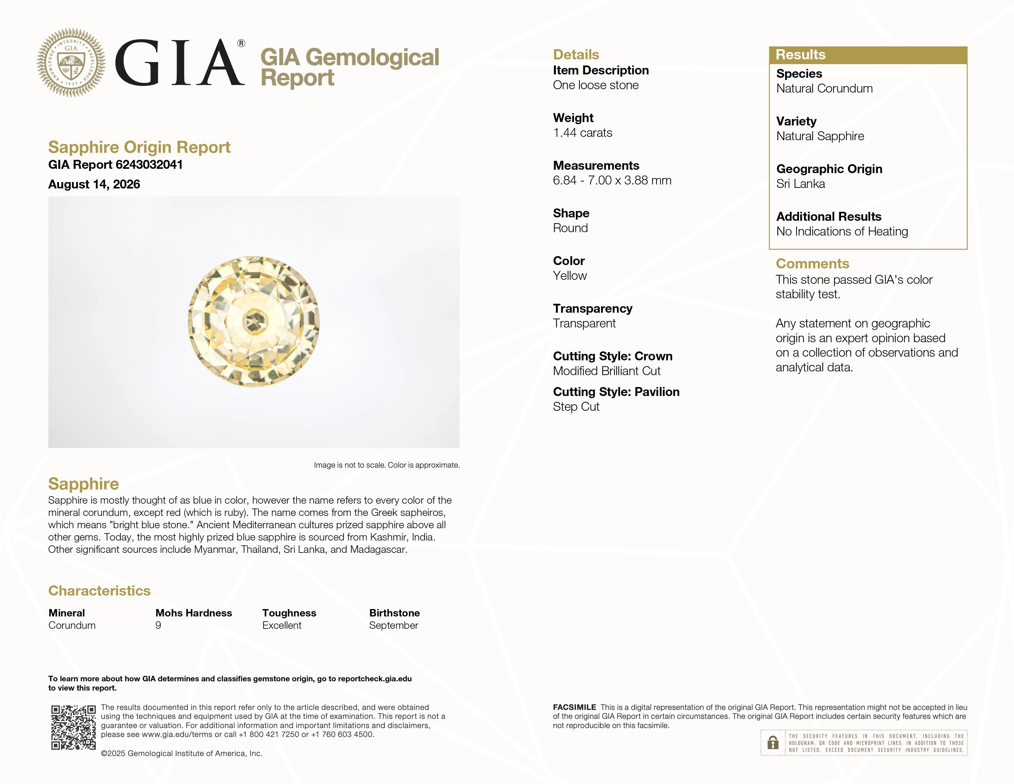 1.44 ct unheated yellow Ceylon sapphire, round cut, GIA Report #6243032041, close-up facet detail.