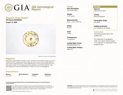 1.44 ct unheated yellow Ceylon sapphire, round cut, GIA Report #6243032041, close-up facet detail.