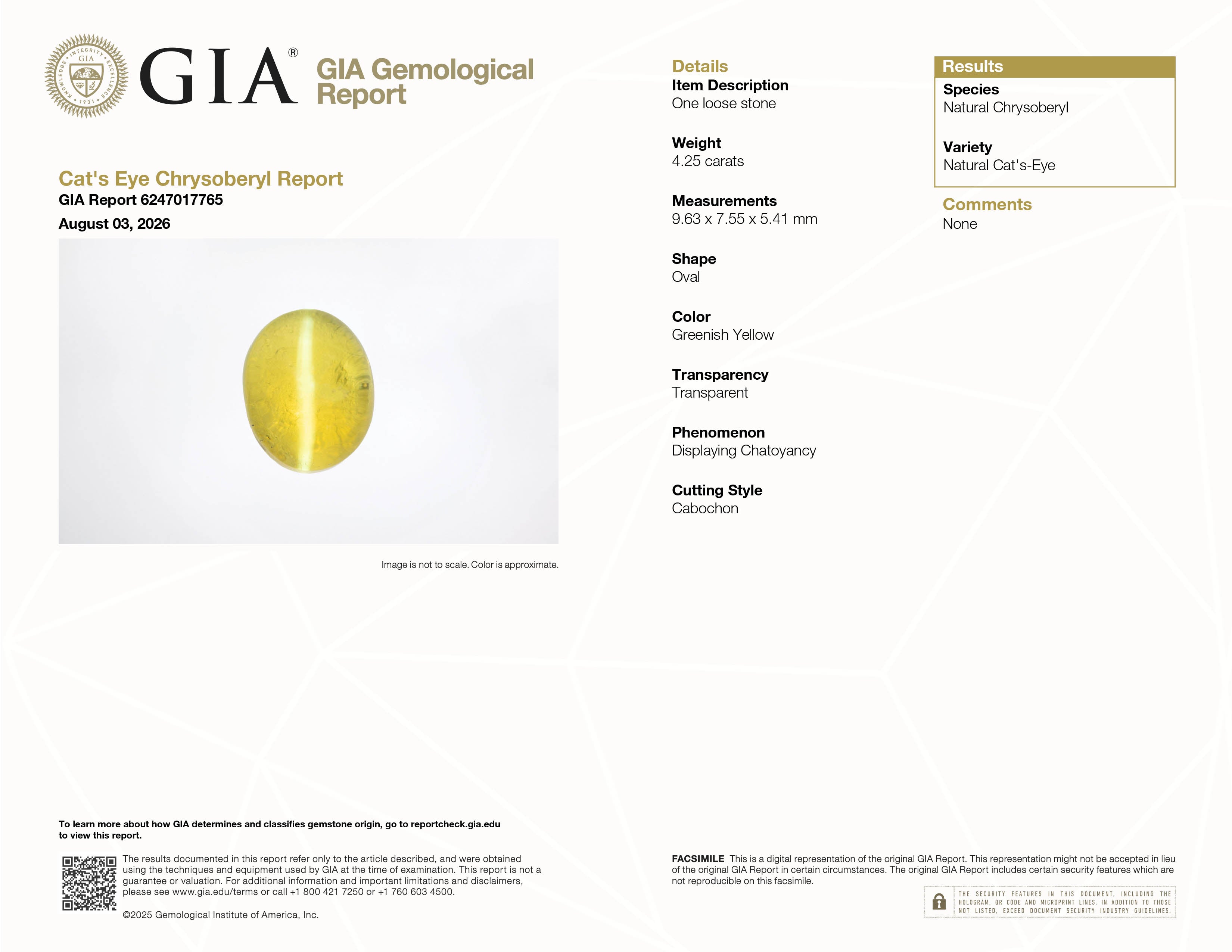 GIA Report #6247017765 for 4.25 ct Cat's Eye Chrysoberyl, oval cabochon, untreated