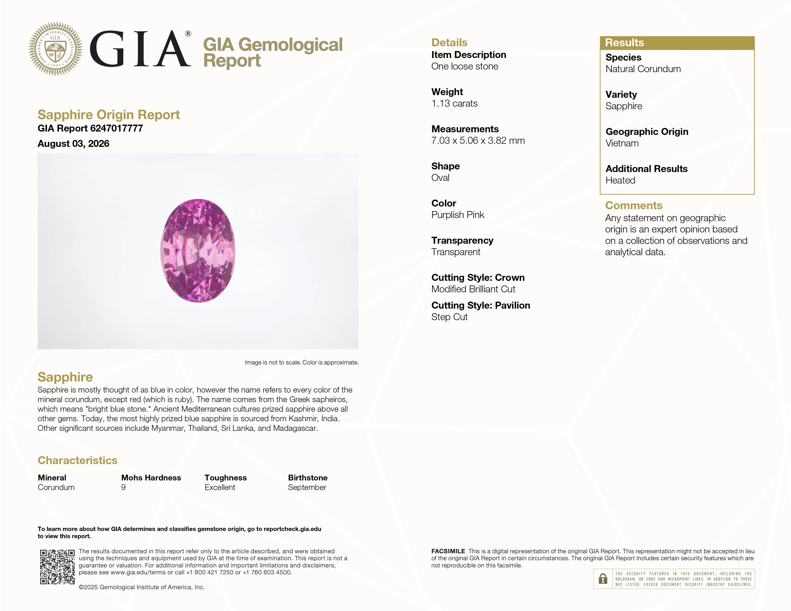 GIA Report #6247017777 for 1.13 ct Purplish Pink Sapphire, oval cut, heated, Vietnam origin