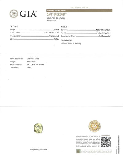2.48 ct pale yellow untreated sapphire gemstone with excellent clarity and natural golden hue