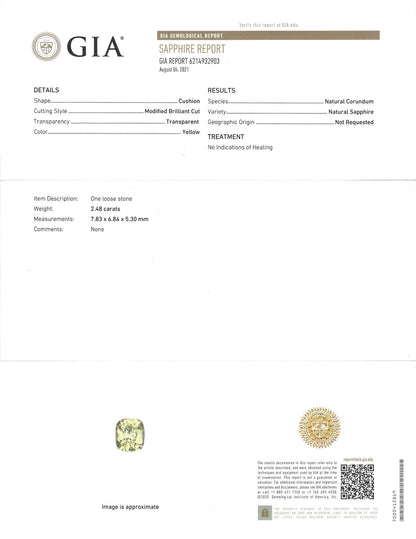 2.48 ct pale Yellow Sapphire ~ Untreated ~ GIA