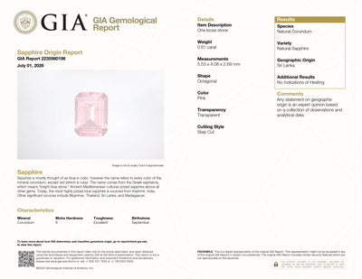 0.61 ct Emerald-Cut Peach Sapphire ~ Unheated, Sri lanka, GIA