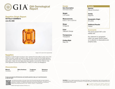 3.09 ct Emerald-Cut Orange Sapphire ~ Ceylon, Heat Treated, GIA